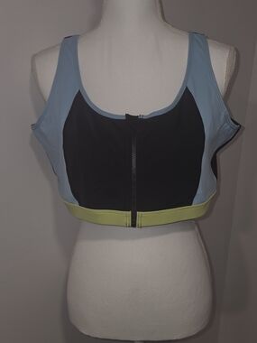 RUBY RIBBON High-Impact Front-Zip Sports Bra - Light Blue, Black & Lime SZ 48